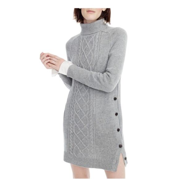 J Crew XSmall XS Gray Wool Blend Cable Knit Turtleneck Sweater Dress Button Side - Picture 11 of 11